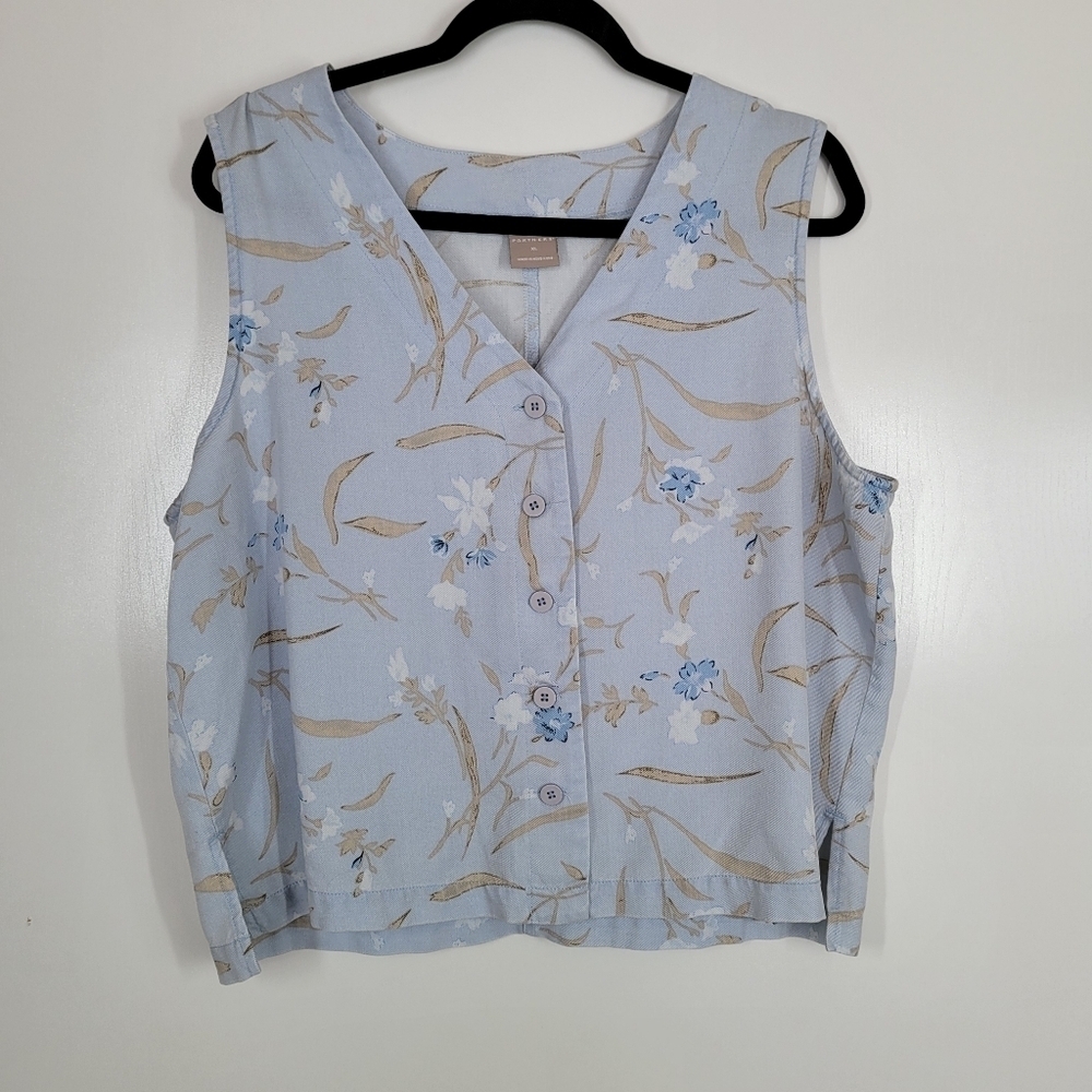 Vintage Partners 90s Y2K Blue Floral Spring‎ Cottagecore Button Vest Tencel XL